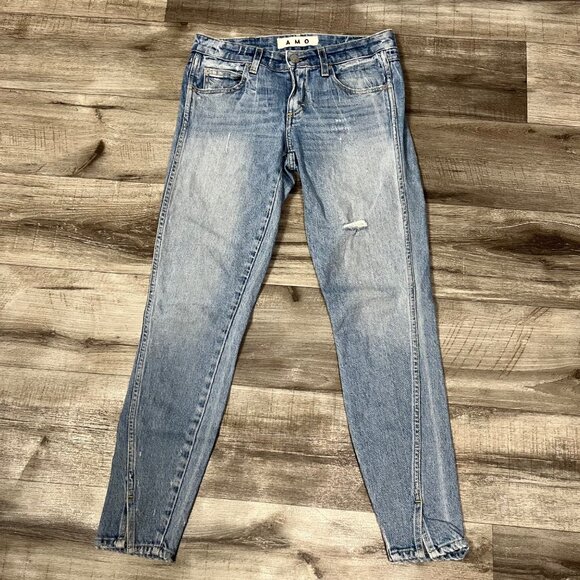 AMO Twist Sweet Cheeks Mid Rise Distressed Skinny Jeans Blue Women’s Size 25 - Picture 1 of 13